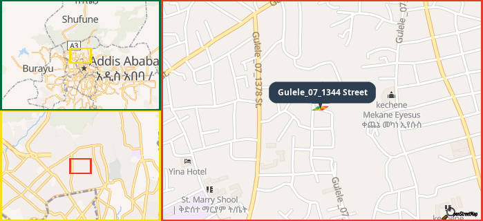 Map showing the address of Gulele_07_1344 Street in three different zoom levels.