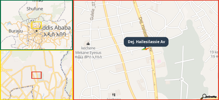 Map showing the address of Dej. Hailesilassie Av in three different zoom levels.