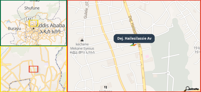 Map showing the address of Dej. Hailesilassie Av in three different zoom levels.
