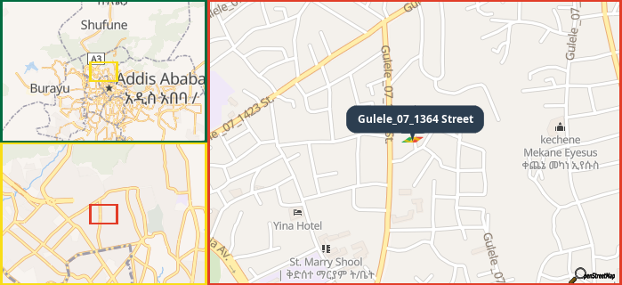 Map showing the address of Gulele_07_1364 Street in three different zoom levels.