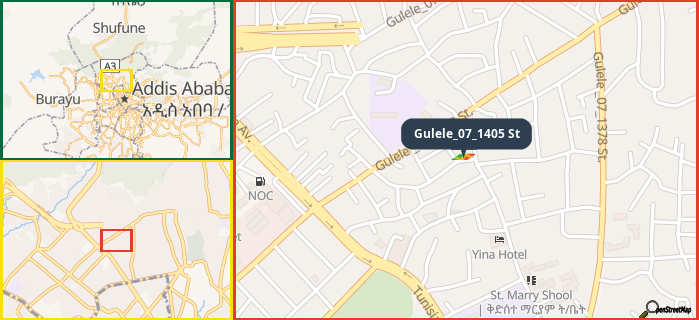 Map showing the address of Gulele_07_1405 St in three different zoom levels.