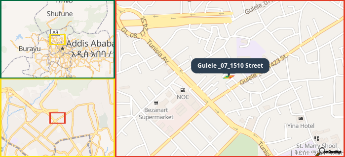 Map showing the address of Gulele _07_1510 Street in three different zoom levels.