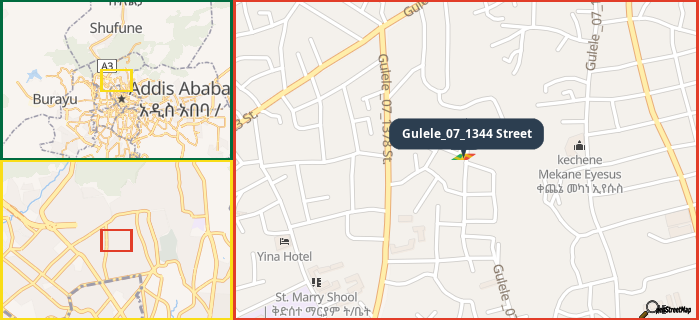 Map showing the address of Gulele_07_1344 Street in three different zoom levels.