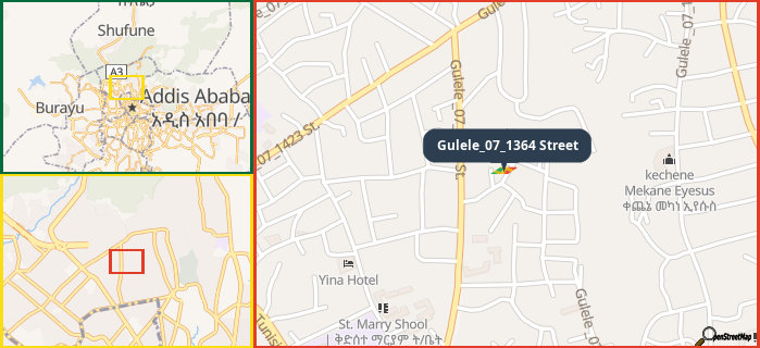 Map showing the address of Gulele_07_1364 Street in three different zoom levels.