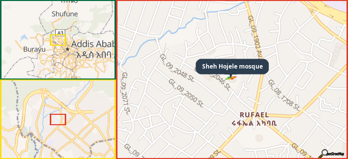 Map showing the address of Sheh Hojele mosque in three different zoom levels.