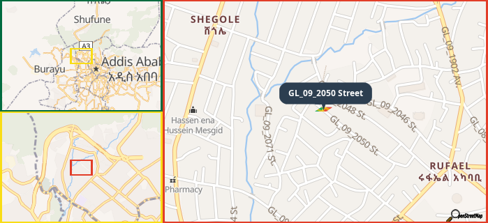 Map showing the address of GL_09_2050 Street in three different zoom levels.