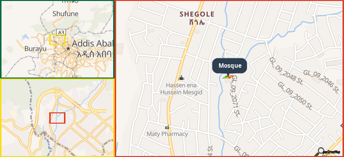 Map showing the address of Mosque in three different zoom levels.