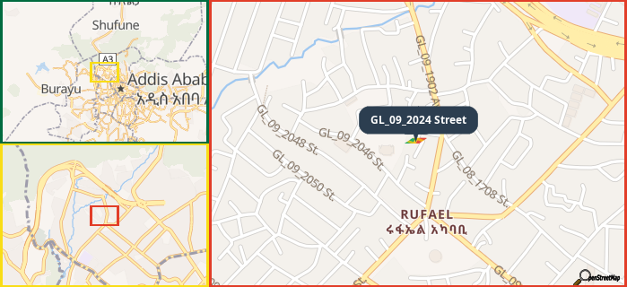 Map showing the address of GL_09_2024 Street in three different zoom levels.