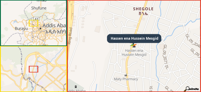 Map showing the address of Hassen ena Hussein Mesgid in three different zoom levels.