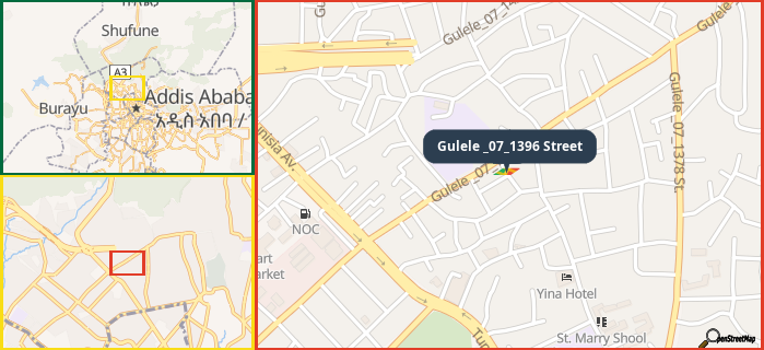 Map showing the address of Gulele _07_1396 Street in three different zoom levels.
