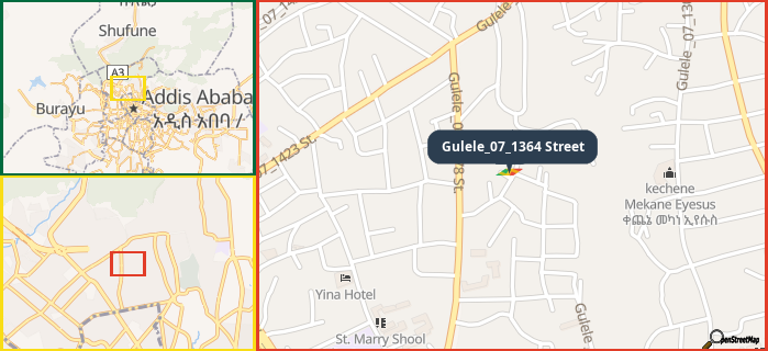 Map showing the address of Gulele_07_1364 Street in three different zoom levels.