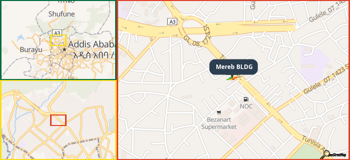 Map showing the address of Mereb BLDG in three different zoom levels.