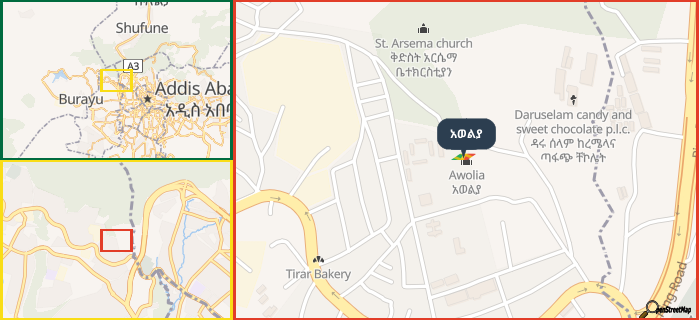 Map showing the address of አወልያ in three different zoom levels.