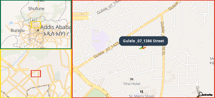 Map showing the address of Gulele _07_1386 Street in three different zoom levels.