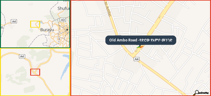 Map showing the address of Old Ambo Road -የድሮው የአምቦ መንገድ in three different zoom levels.