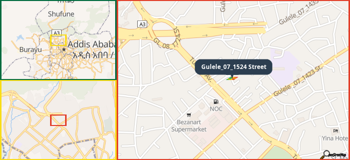 Map showing the address of Gulele_07_1524 Street in three different zoom levels.