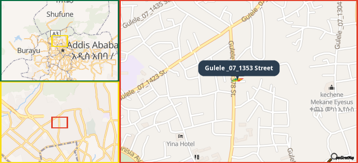 Map showing the address of Gulele _07_1353 Street in three different zoom levels.