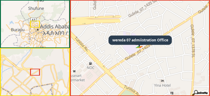 Map showing the address of wereda 07 admiistration Office in three different zoom levels.