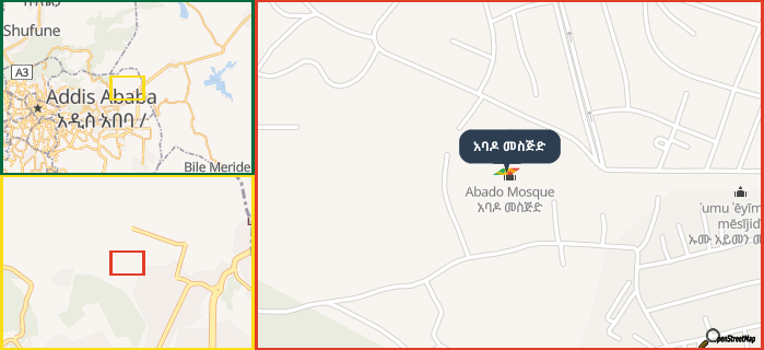Map showing the address of አባዶ መስጅድ in three different zoom levels.