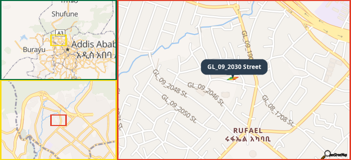 Map showing the address of GL_09_2030 Street in three different zoom levels.