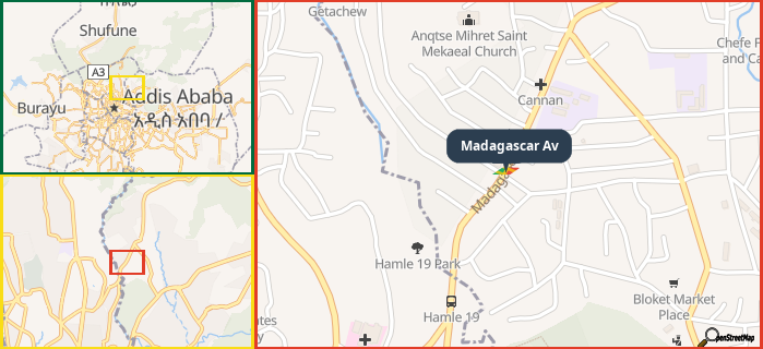 Map showing the address of Madagascar Av in three different zoom levels.