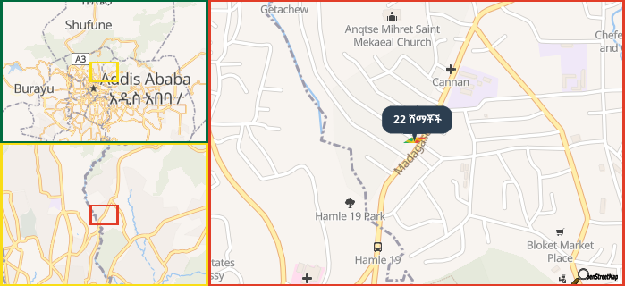 Map showing the address of 22 ሸማቾች in three different zoom levels.