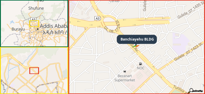 Map showing the address of Banchiayehu BLDG in three different zoom levels.