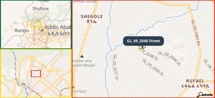 Map showing the address of GL_09_2048 Street in three different zoom levels.