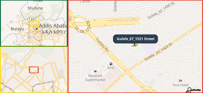 Map showing the address of Gulele_07_1521 Street in three different zoom levels.