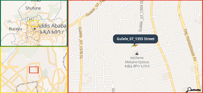 Map showing the address of Gulele_07_1355 Street in three different zoom levels.