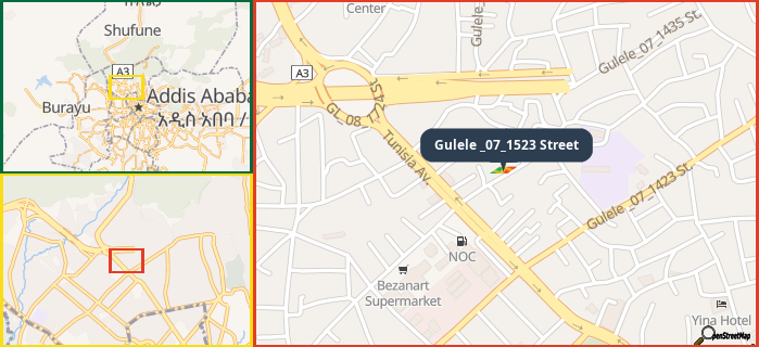 Map showing the address of Gulele _07_1523 Street in three different zoom levels.