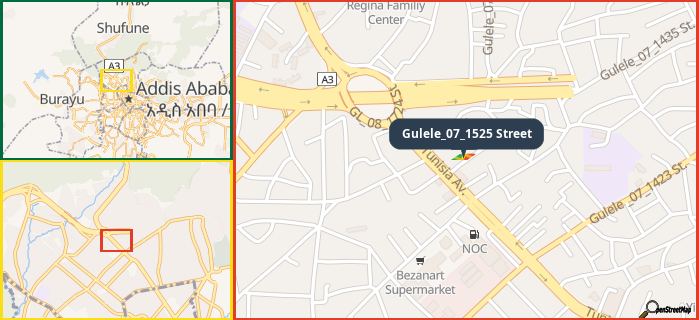 Map showing the address of Gulele_07_1525 Street in three different zoom levels.