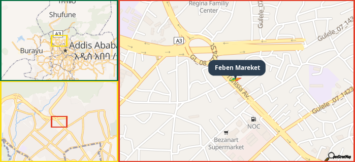 Map showing the address of Feben Mareket in three different zoom levels.
