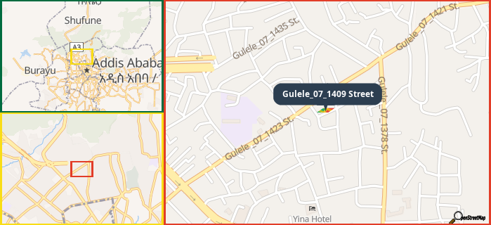 Map showing the address of Gulele_07_1409 Street in three different zoom levels.