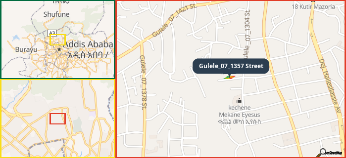 Map showing the address of Gulele_07_1357 Street in three different zoom levels.