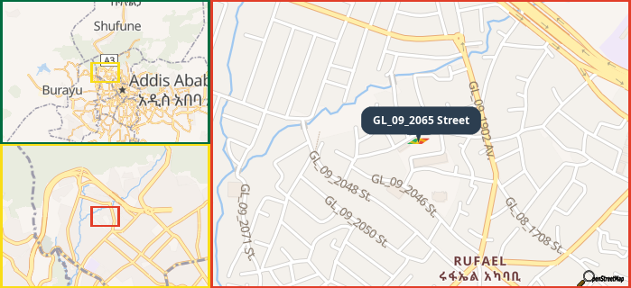 Map showing the address of GL_09_2065 Street in three different zoom levels.