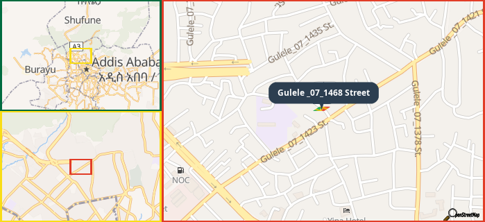 Map showing the address of Gulele _07_1468 Street in three different zoom levels.