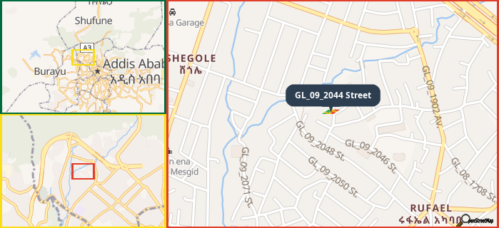 Map showing the address of GL_09_2044 Street in three different zoom levels.