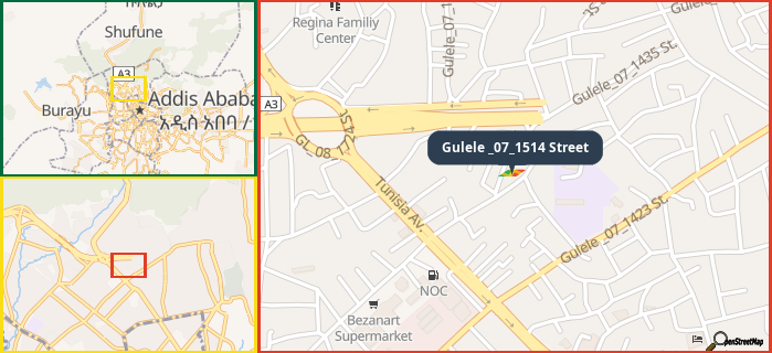 Map showing the address of Gulele _07_1514 Street in three different zoom levels.