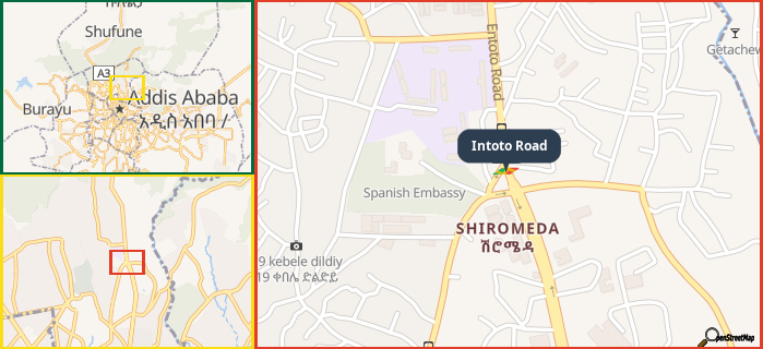 Map showing the address of Intoto Road in three different zoom levels.
