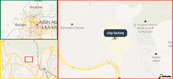 Map showing the address of clay factory in three different zoom levels.