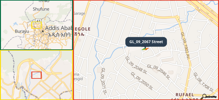 Map showing the address of GL_09_2067 Street in three different zoom levels.
