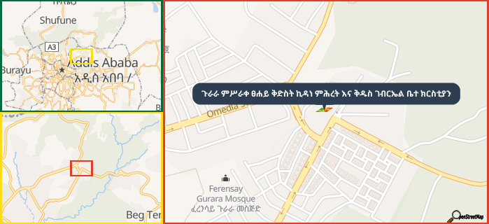 Map showing the address of ጉራራ ምሥራቀ ፀሐይ ቅድስት ኪዳነ ምሕረት እና ቅዱስ ገብርኤል ቤተ ክርስቲያን in three different zoom levels.