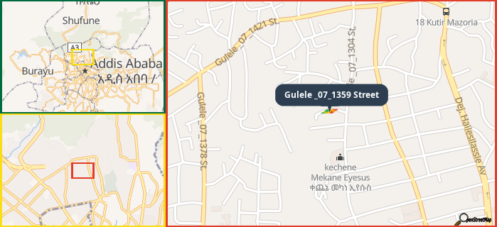 Map showing the address of Gulele _07_1359 Street in three different zoom levels.