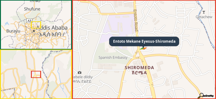 Map showing the address of Entoto Mekane Eyesus-Shiromeda in three different zoom levels.