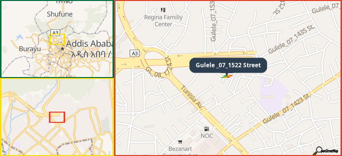 Map showing the address of Gulele _07_1522 Street in three different zoom levels.