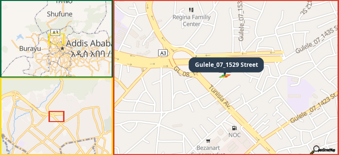 Map showing the address of Gulele_07_1529 Street in three different zoom levels.