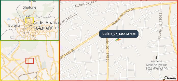 Map showing the address of Gulele_07_1354 Street in three different zoom levels.