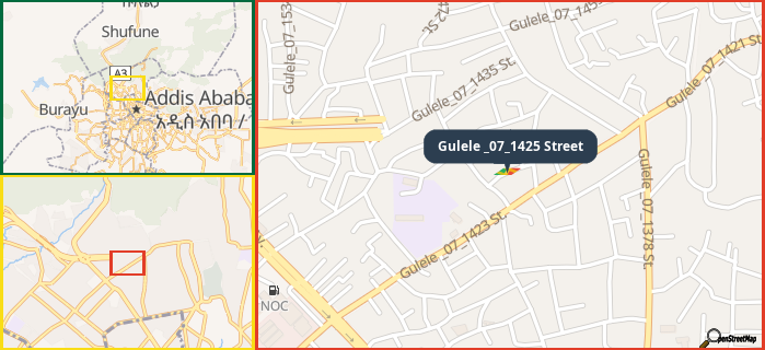 Map showing the address of Gulele _07_1425 Street in three different zoom levels.