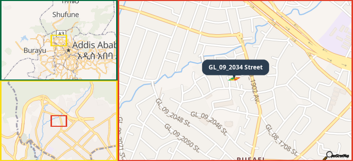 Map showing the address of GL_09_2034 Street in three different zoom levels.